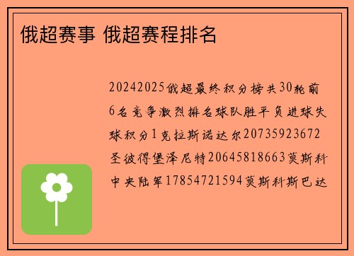 俄超赛事 俄超赛程排名